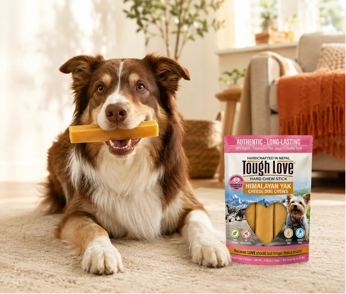 Dog resting with a ToughLove Himalayan cheese chew